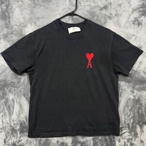 Ami Paris T-Shirt Mens Medium Black Ami de Coeur Heart Logo Short Sleeve Tee